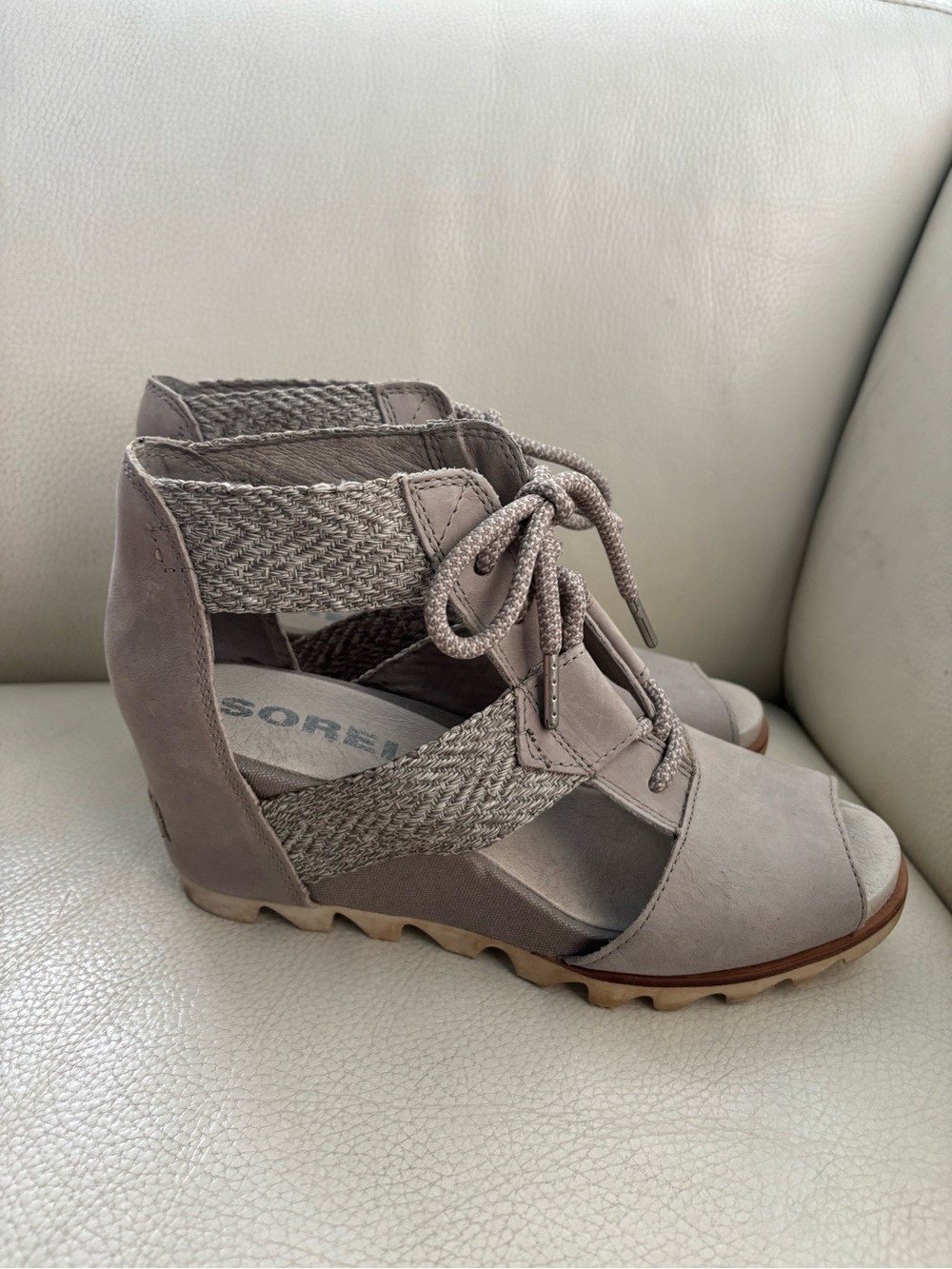 Sorel Taupe Lace-Up Wedge Sandals with Braided Straps